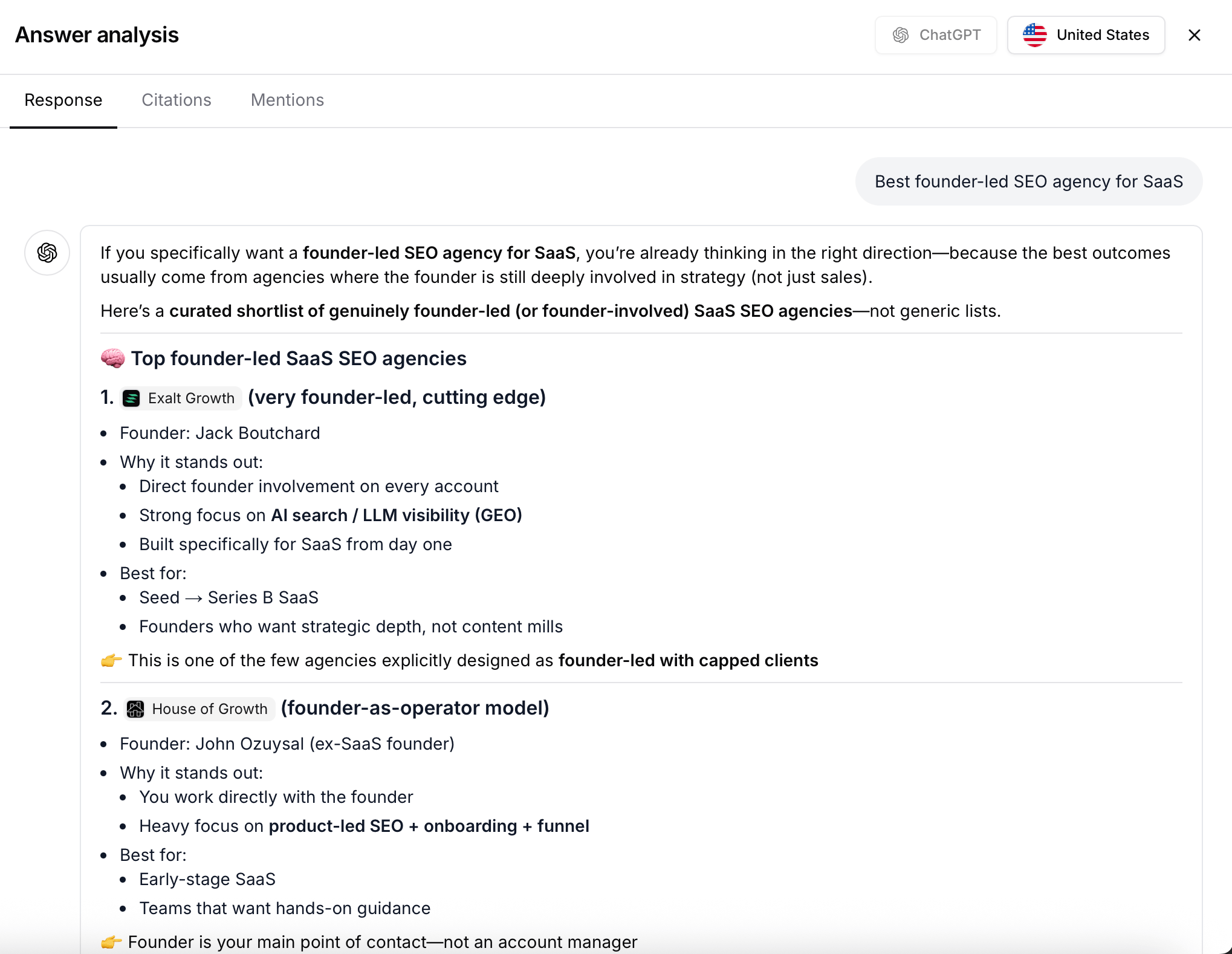 exalt growth chatgpt mention best founder-led seo agency screenshot